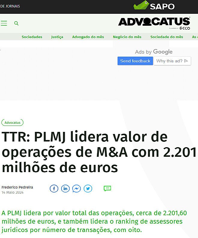 TTR: PLMJ lidera valor de operaes de M&A com 2.201 milhes de euros